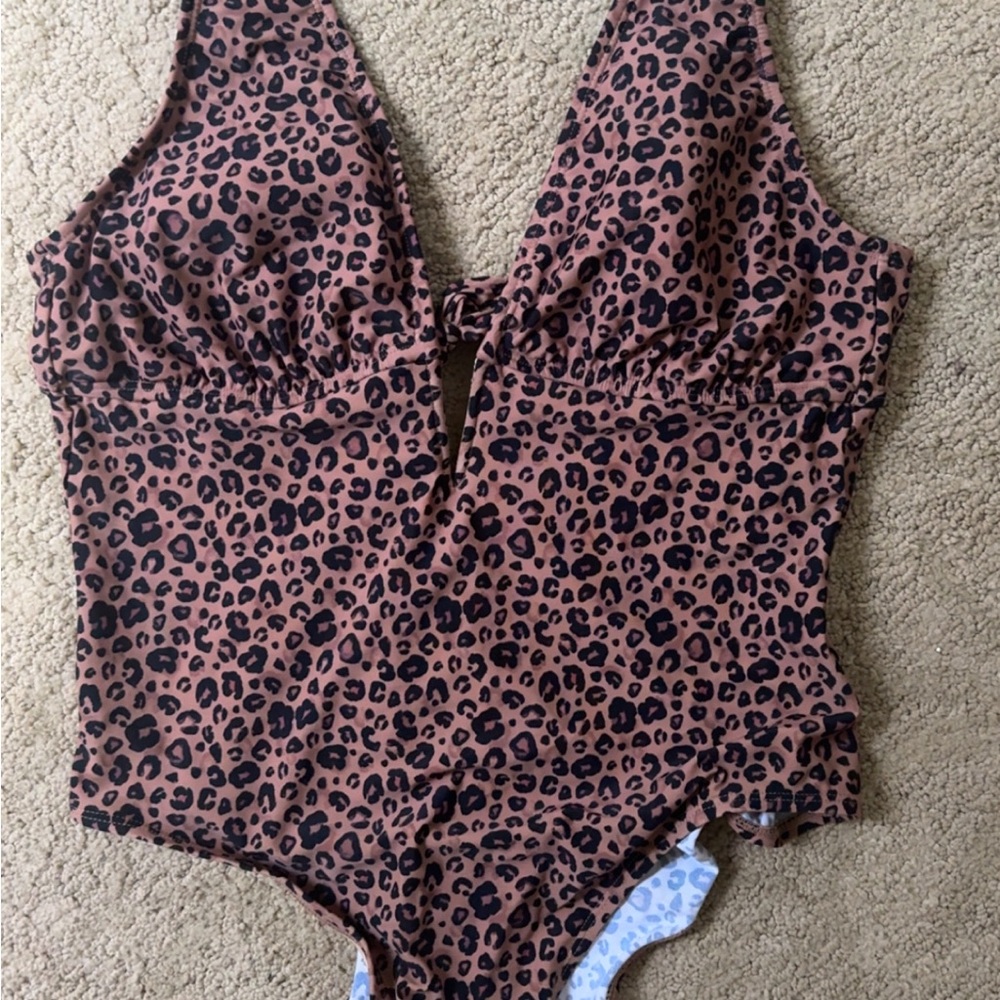 Brown and Black One Piece Swimsuit with Plunging V-Neckline